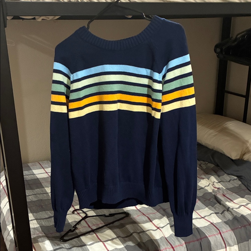 Lands' End Navy Sweater with Multicolor Stripes